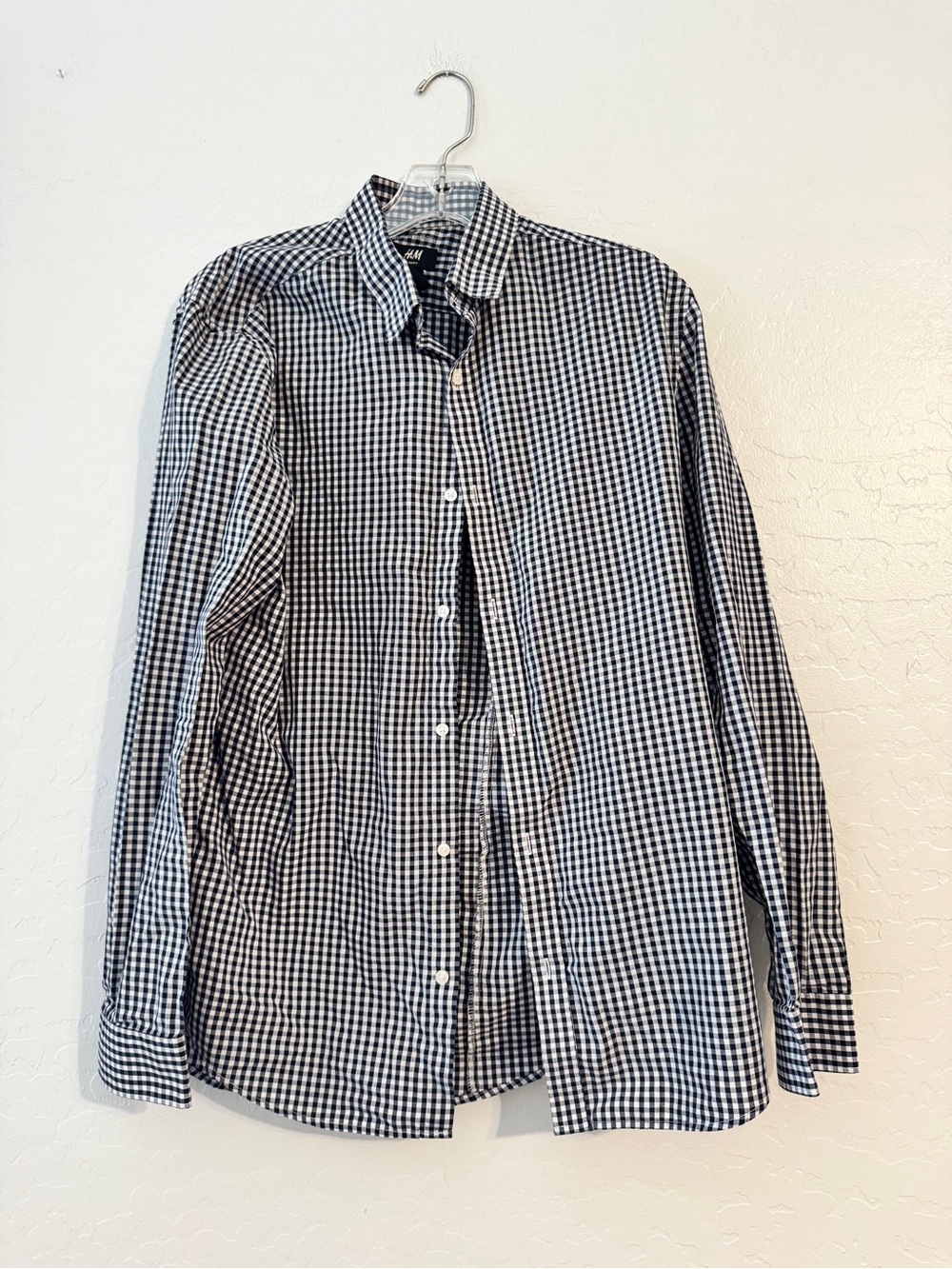 👕H&M Slim Fit Men's Woven Black/White Check ButtonUp Point Collar Long Sleeve M